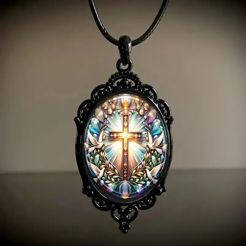 Wholesale Cross Pattern Black Frame Glass Necklace
